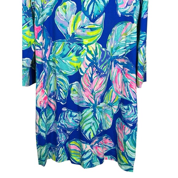 Lilly Pulitzer Blue Leaf Print Knit Dress Size M 3/4 Sleeve Button Tropical - Picture 3 of 12